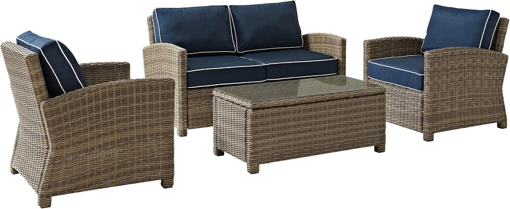 Crosley Furniture Bradenton 4-Piece Outdoor Loveseat Patio Furniture Set, Wicker Conversation Sets for Porch, Brown with Navy Cushions