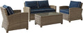 Crosley Furniture Bradenton 4-Piece Outdoor Loveseat Patio Furniture Set, Wicker Conversation Sets for Porch, Brown with Navy Cushions