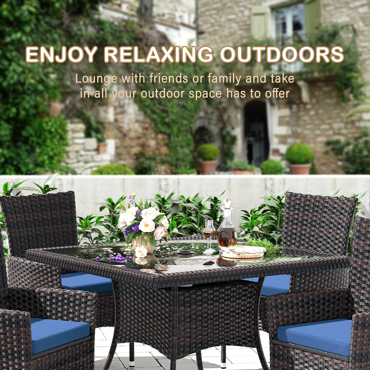 10 Pieces Outdoor Patio Dining Set,Patio Table and Chairs Rattan Outdoor Patio Furniture Set with Umbrella Hole,Dining Table Set for 8 with Chairs for Backyard,Garden and Kitchen,Navy Blue