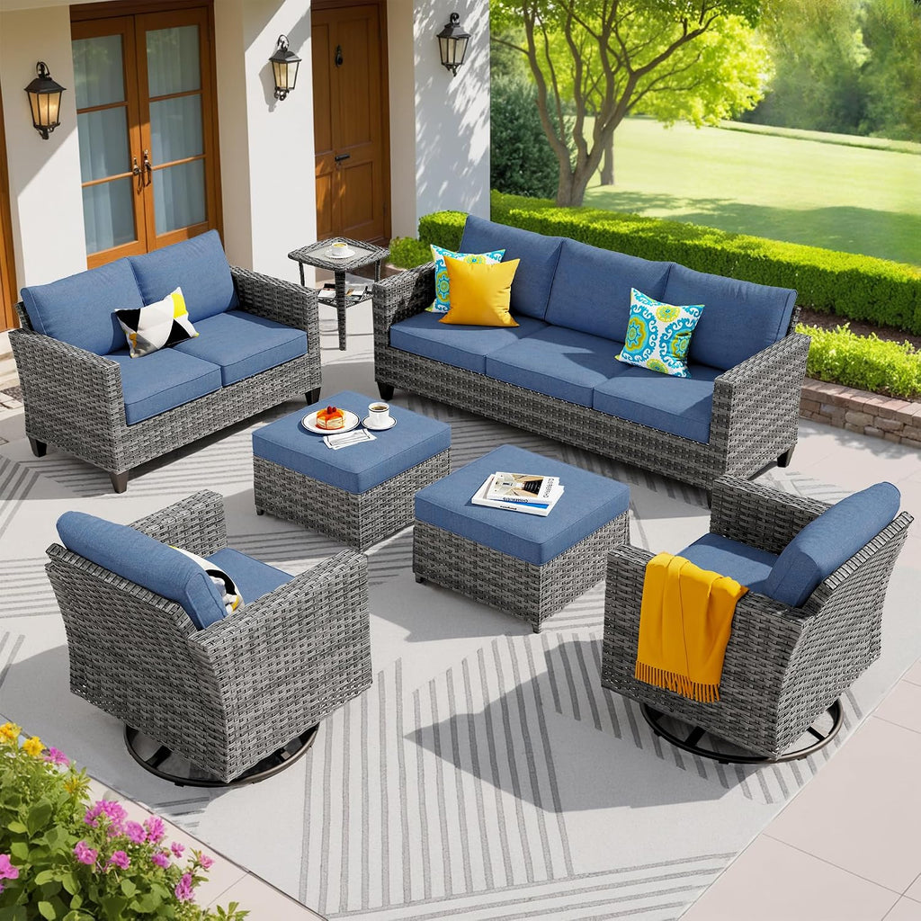 ovios 7 Pieces Patio Furniture Set, Outdoor Wicker Rattan Sofa Couch with Swivel Glider Chairs Loveseat Comfy Cushions Modern Conversation Set for Backyard Porch, Denim Blue