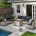 7 Pieces Outdoor Patio Furniture Set with 55,000 BTU Propane Fire Pit Table, PE Wicker Rattan Sectional Sofa Patio Conversation Set with Coffee Table, Dark Grey