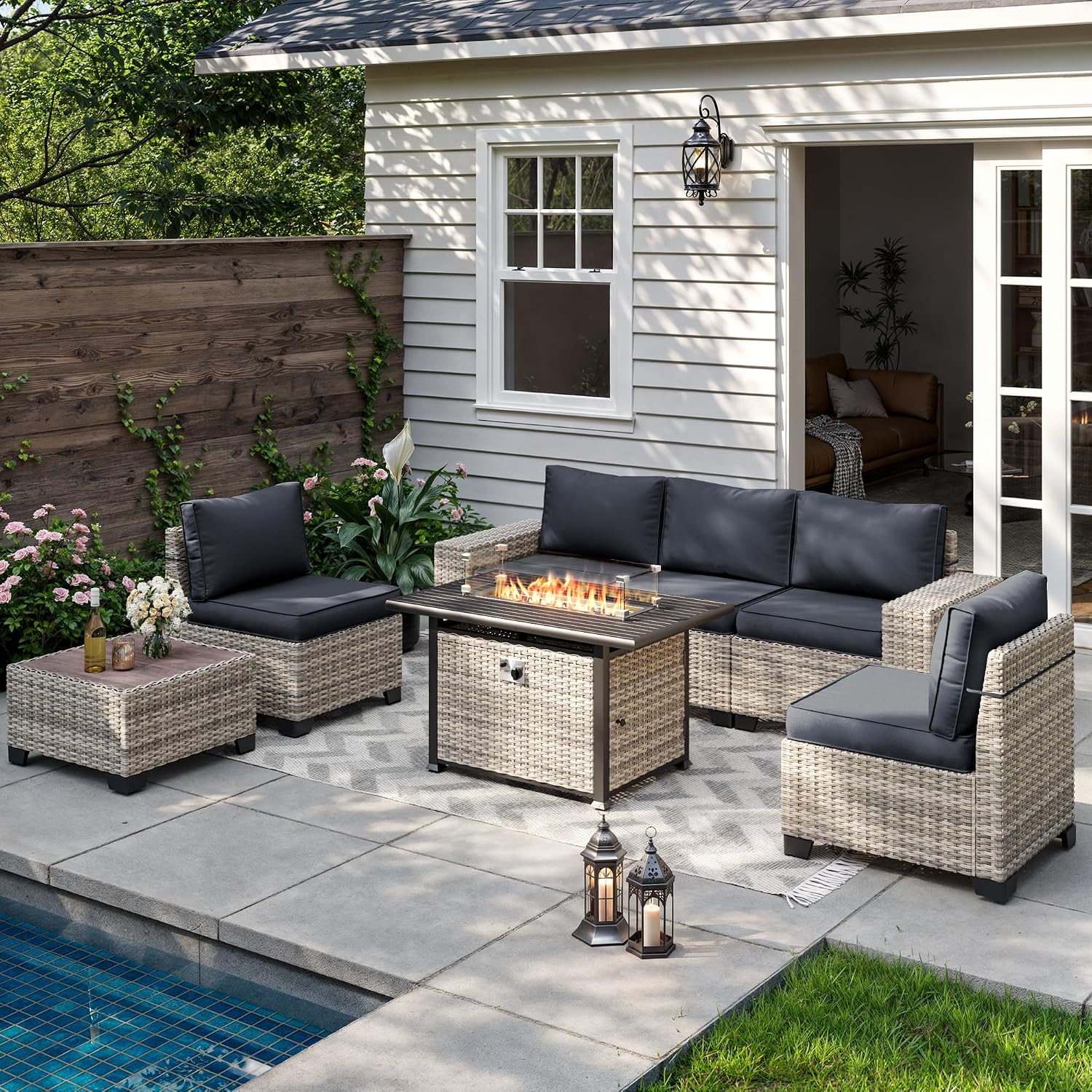 7 Pieces Outdoor Patio Furniture Set with 55,000 BTU Propane Fire Pit Table, PE Wicker Rattan Sectional Sofa Patio Conversation Set with Coffee Table, Dark Grey