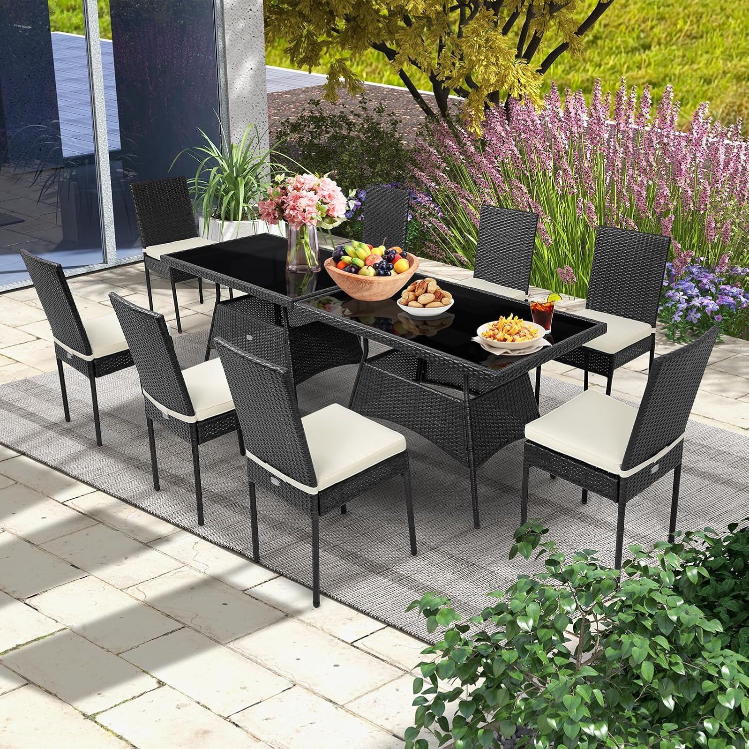 Tangkula 10 Pieces Wicker Patio Dining Set, Outdoor Rattan Table & Chairs Set with Padded Cushions, Patio Furniture Dining Glass Table Set for Balcony Patio Garden Poolside