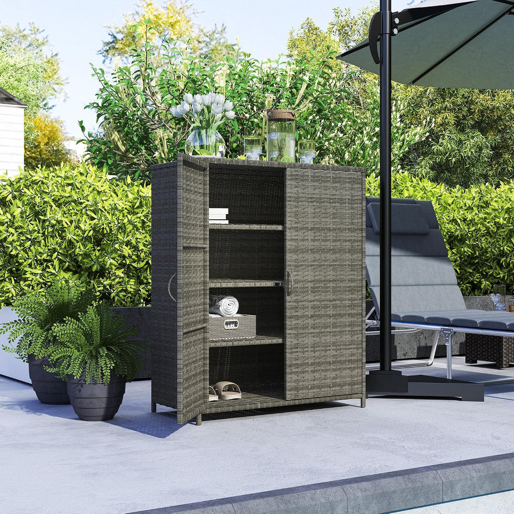 Outsunny Wicker Outdoor Storage Cabinet with Shelves, 4-Shelf Outdoor Pool Towel Cabinet with Two Doors, Rattan Patio Storage Shelves for Garden, Backyard, Porch, Mixed Gray