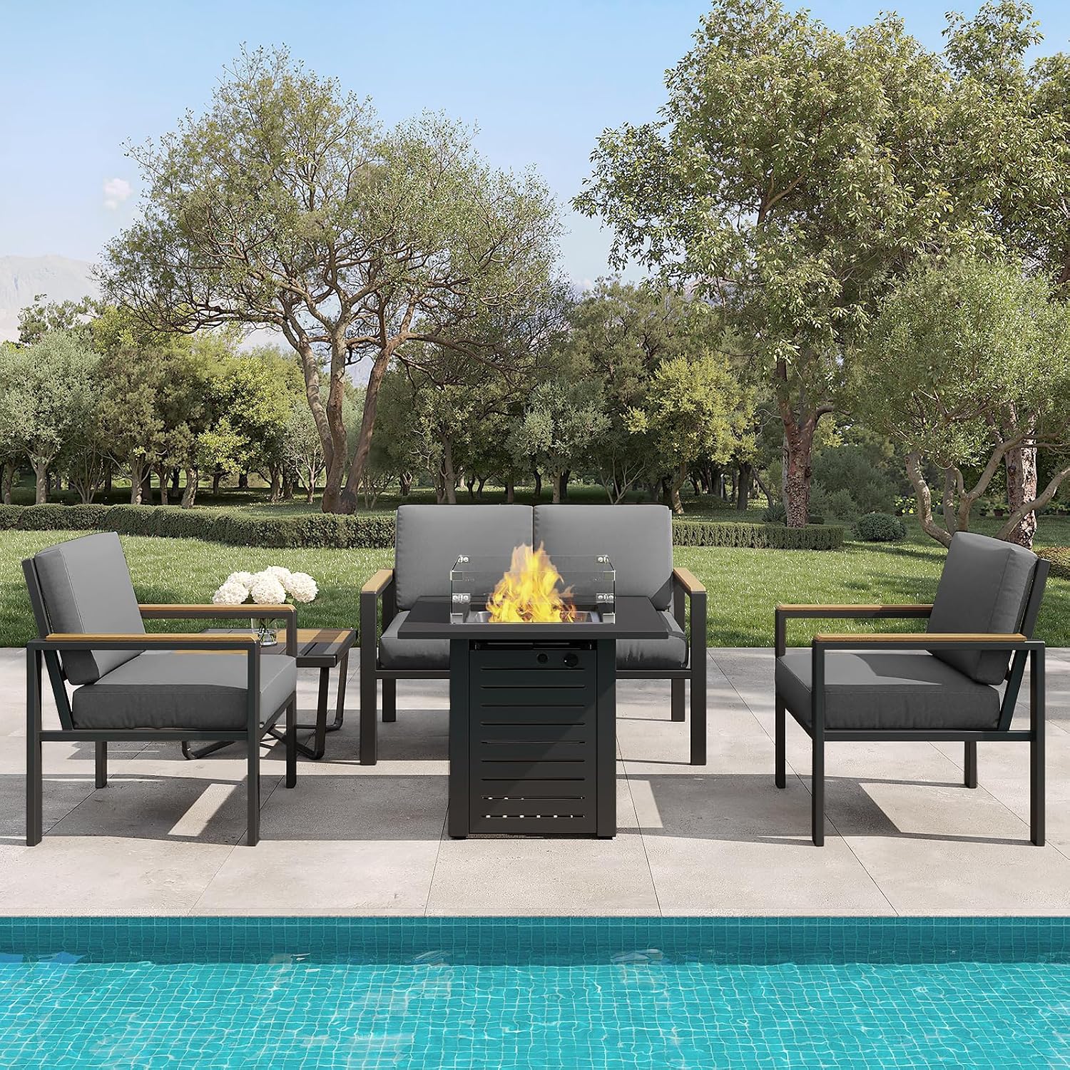 5-Piece Patio Furniture Set with 28' Propane Fire Pit Table, Heavy-Duty Metal Outdoor Conversation Set with Deep Cushions & Wood-Like Armrests for Patio, Porch, Backyard, Garden – Black