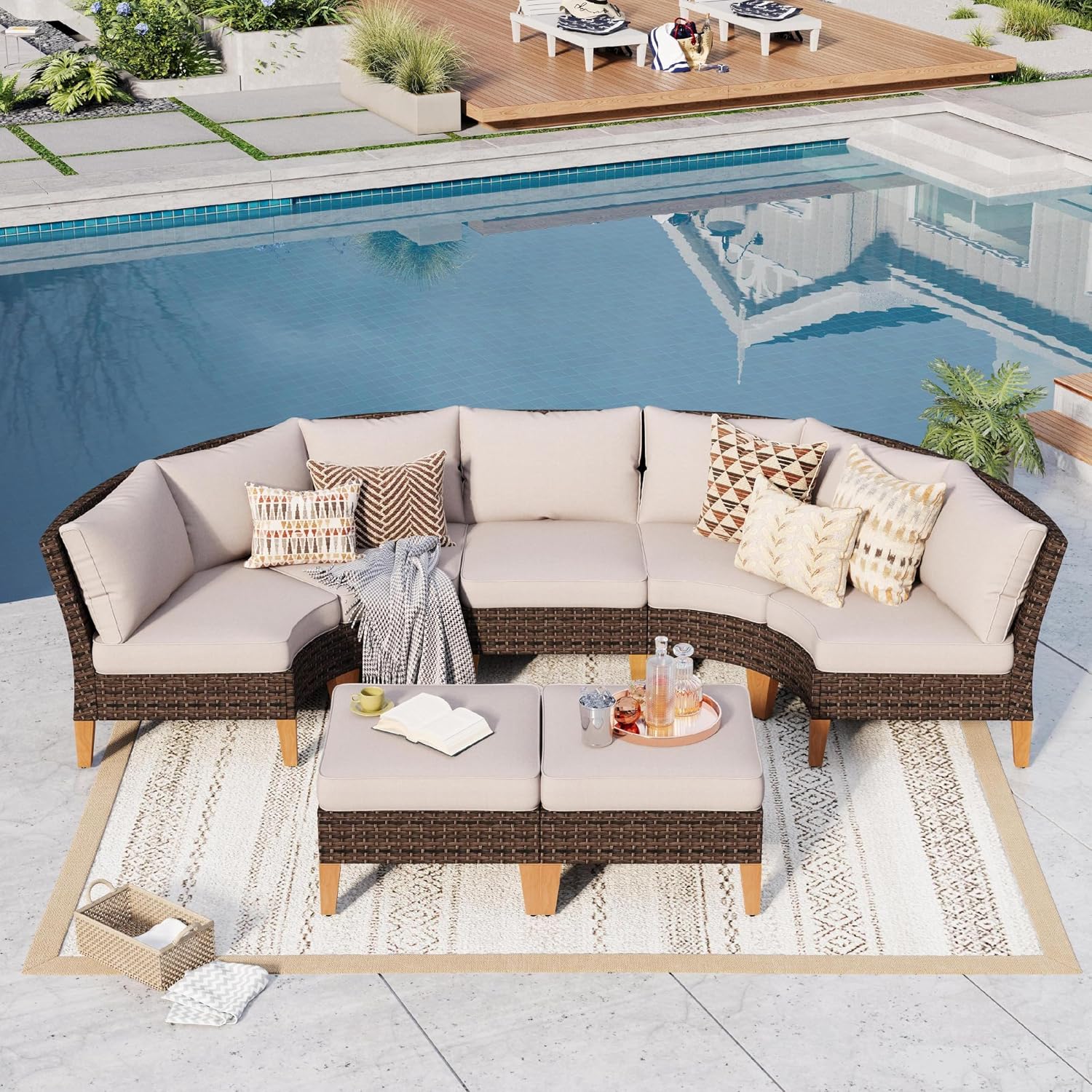 GREEN PARTY 7 Pieces Wicker Patio Furniture Set, All-Weather Outdoor Rattan Half-Moon Patio Curved Sectional Sofa Conversation Set for Garden, Backyard, 2 x Ottomans