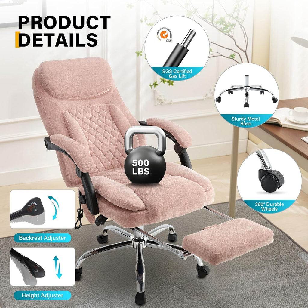 6-Point Massage Office Chair with Heated, Ergonomic Office Chair with Footrest & 45°Reclining High Back, Big and Tall Executive Office Chair 500LBS, Thick Cushion Desk Chair for Home Office, Pink
