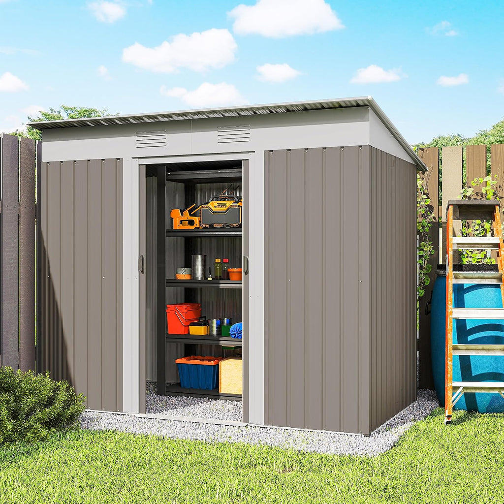 Outsunny 7' x 4' Metal Lean to Garden Shed, Outdoor Storage Shed, Garden Tool House with Double Sliding Doors, 2 Air Vents for Backyard, Patio, Lawn, Light Gray