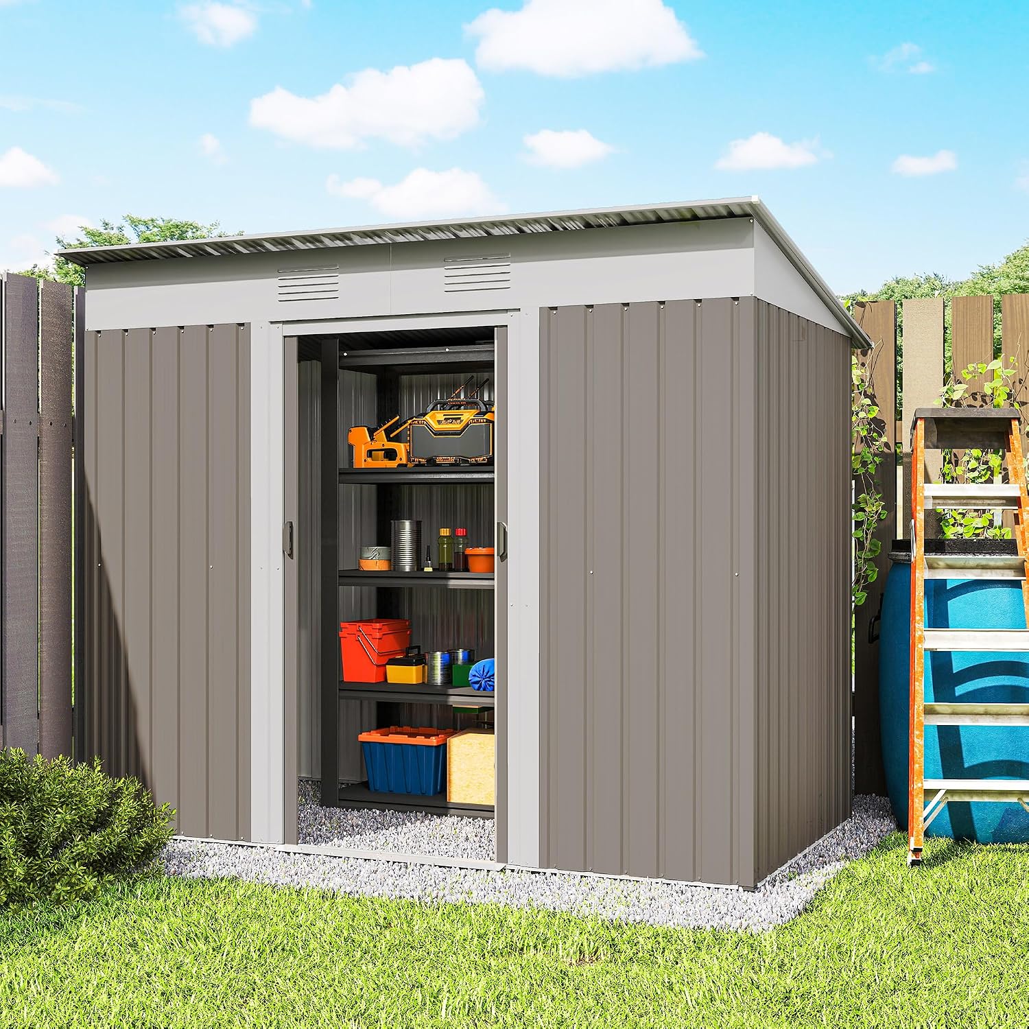 Outsunny 7' x 4' Metal Lean to Garden Shed, Outdoor Storage Shed, Garden Tool House with Double Sliding Doors, 2 Air Vents for Backyard, Patio, Lawn, Light Gray