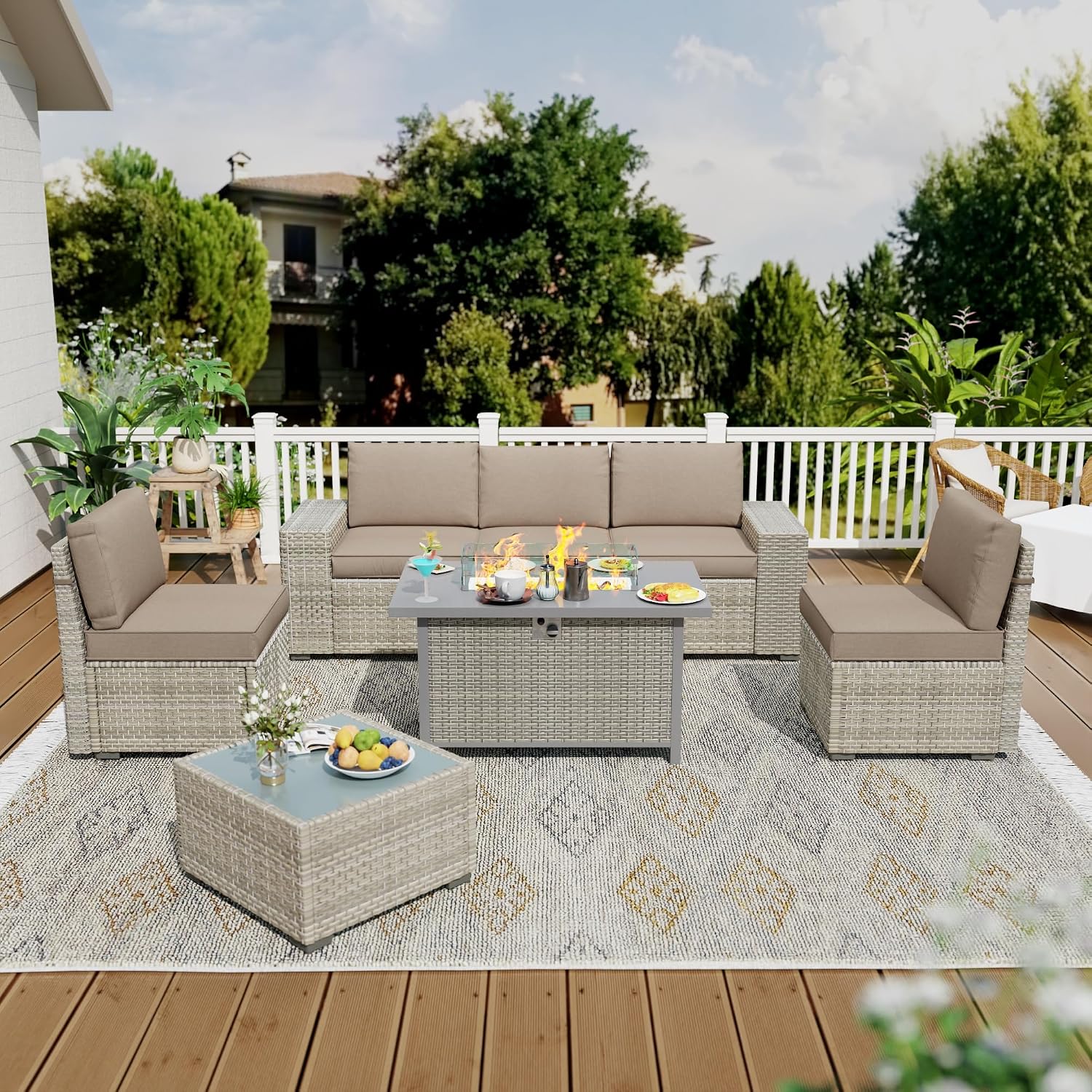 7 Piece Patio Furniture Set with 50,000 BTU Rattan Fire Pit Table that Converts to Coffee Table, 9.8' Wide Arm Sectional Sofa with Storage Armrests, Outdoor Rattan Conversation Set, Khaki