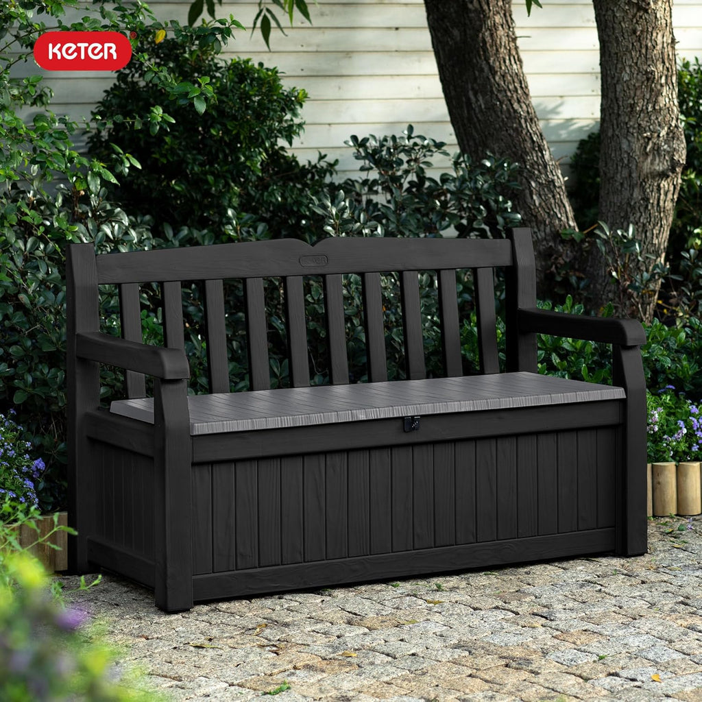 Keter Solana 70 Gallon Storage Bench Deck Box for Patio Furniture, Front Porch Decor and Outdoor Seating – Perfect to Store Garden Tools and Pool Floats, Graphite