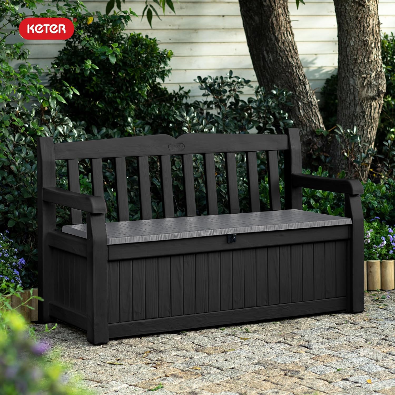 Keter Solana 70 Gallon Storage Bench Deck Box for Patio Furniture, Front Porch Decor and Outdoor Seating – Perfect to Store Garden Tools and Pool Floats, Graphite