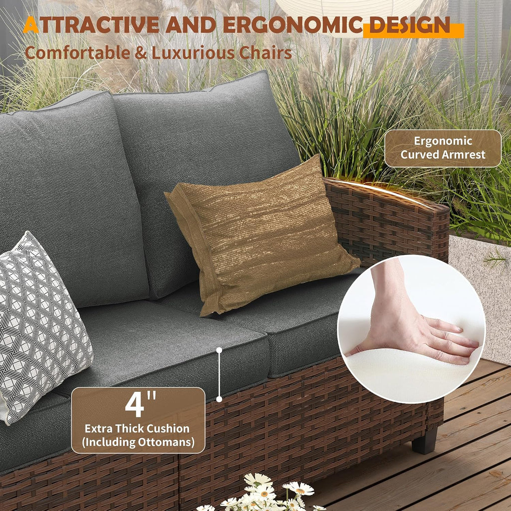 UDPATIO Patio Furniture Set with 44' Fire Pit Table, 8 Pieces Outdoor Sectional Conversation Sets, All-Weather Wicker Rattan Sofa Ottoman with 4' Thick Cushion for Garden Backyard Deck, Dark Grey