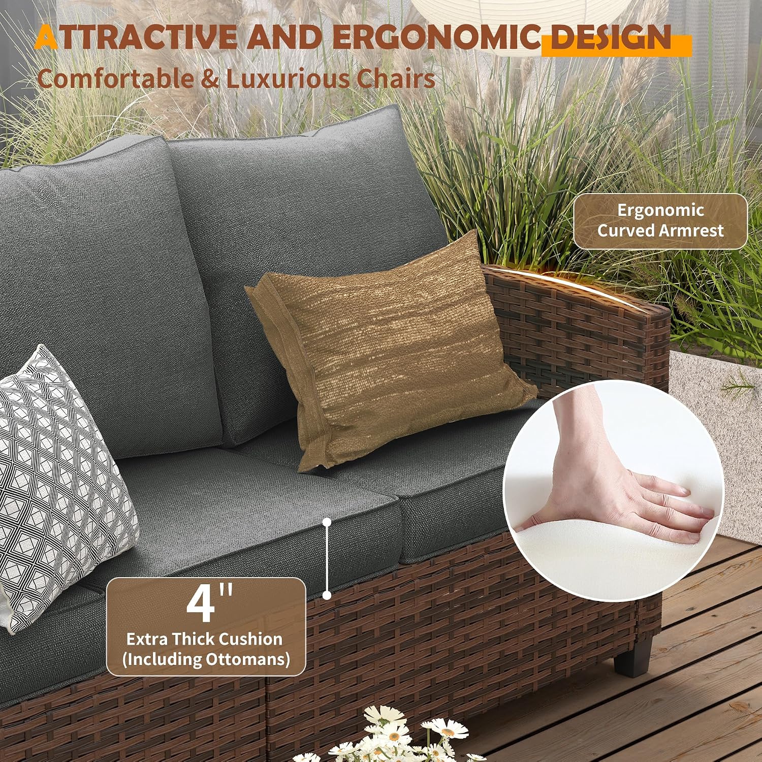 UDPATIO Patio Furniture Set with 44' Fire Pit Table, 8 Pieces Outdoor Sectional Conversation Sets, All-Weather Wicker Rattan Sofa Ottoman with 4' Thick Cushion for Garden Backyard Deck, Dark Grey