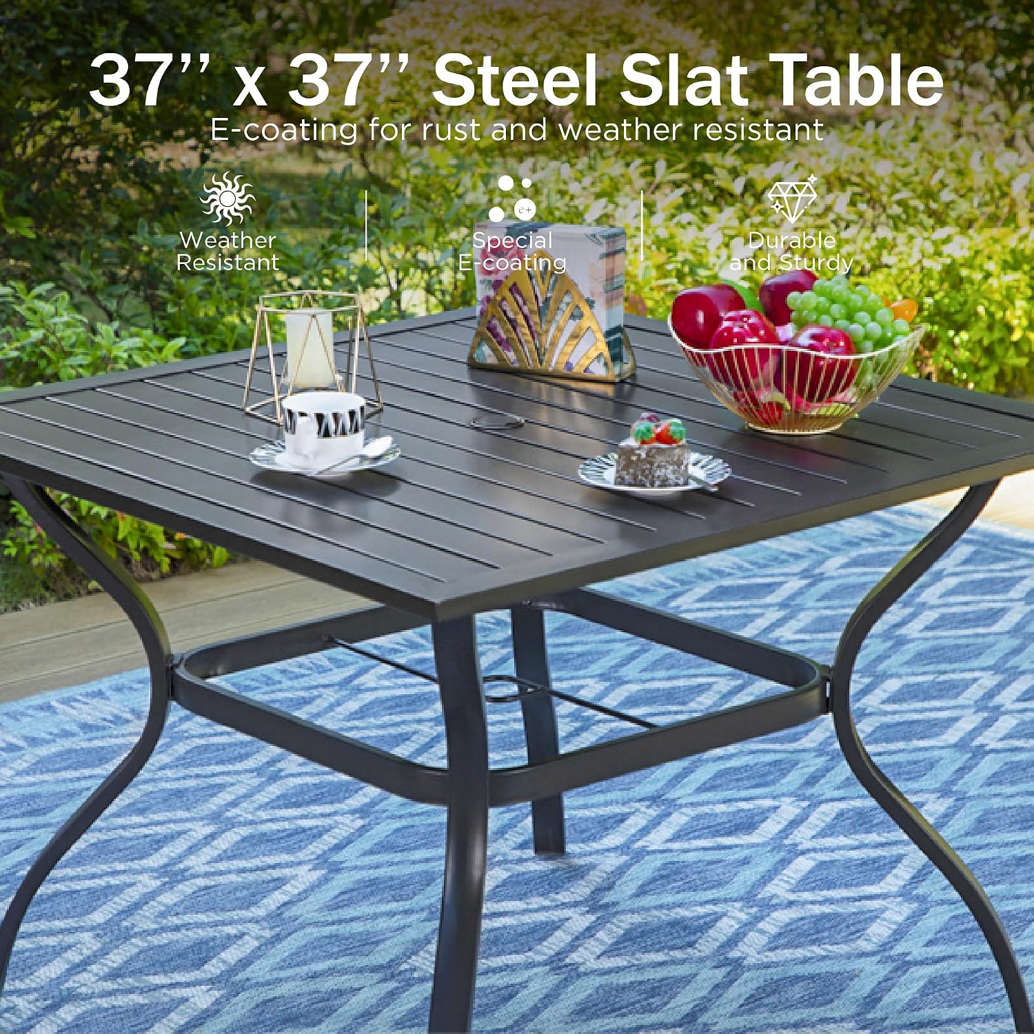 PHI VILLA Outdoor Patio Dining Set for 4 with 10ft 3-Layer Auto-tilt Round Umbrella(Beige),Includes 4 Outdoor Swivel Chairs with Cushions and a Metal Square Table, Perfect for Garden, Lawn, or Deck