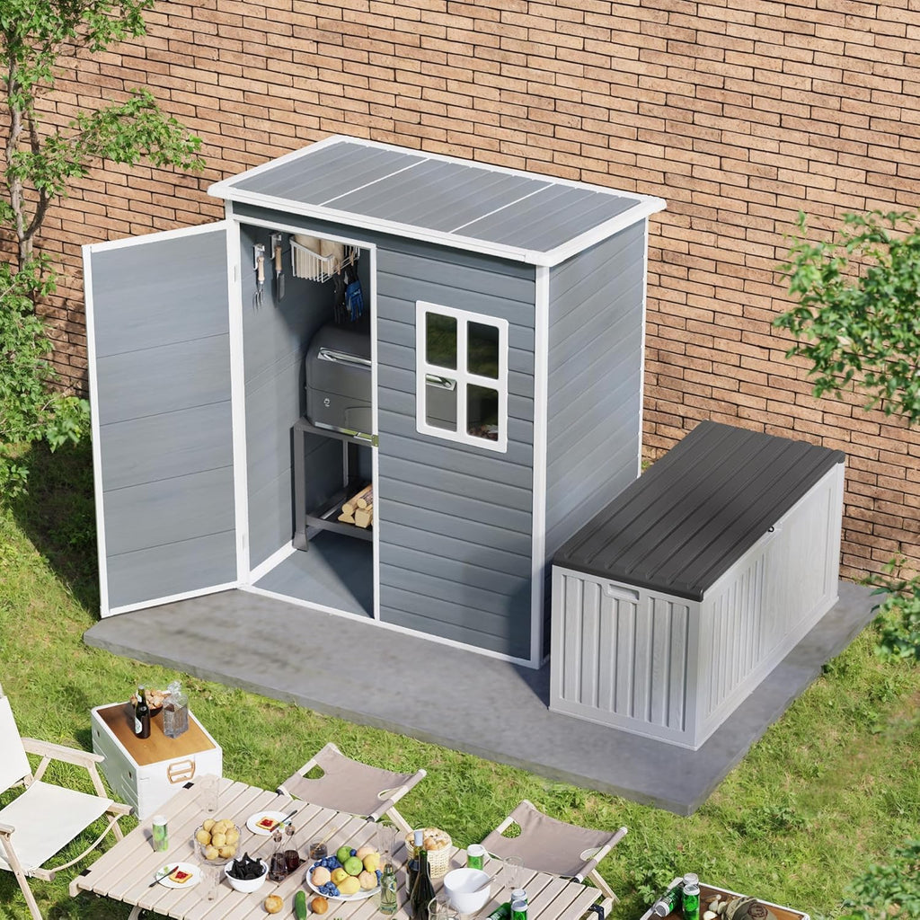 Gizoon 5x3 FT Outdoor Storage Shed with Lockable Door, Resin Weatherproof Plastic Garden Shed with Floor & Ventilation, Backyard Shed for Patio, Lawn Tools, Bike, and Toys