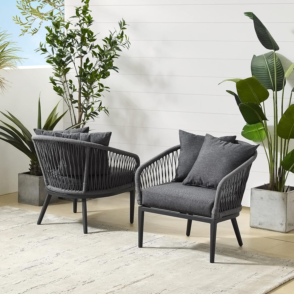 Crosley Furniture Dover 2-Piece Indoor Outdoor Chair Set, Patio Chairs for Conversation, Porch, Deck, Matte Black with Charcoal Cushions