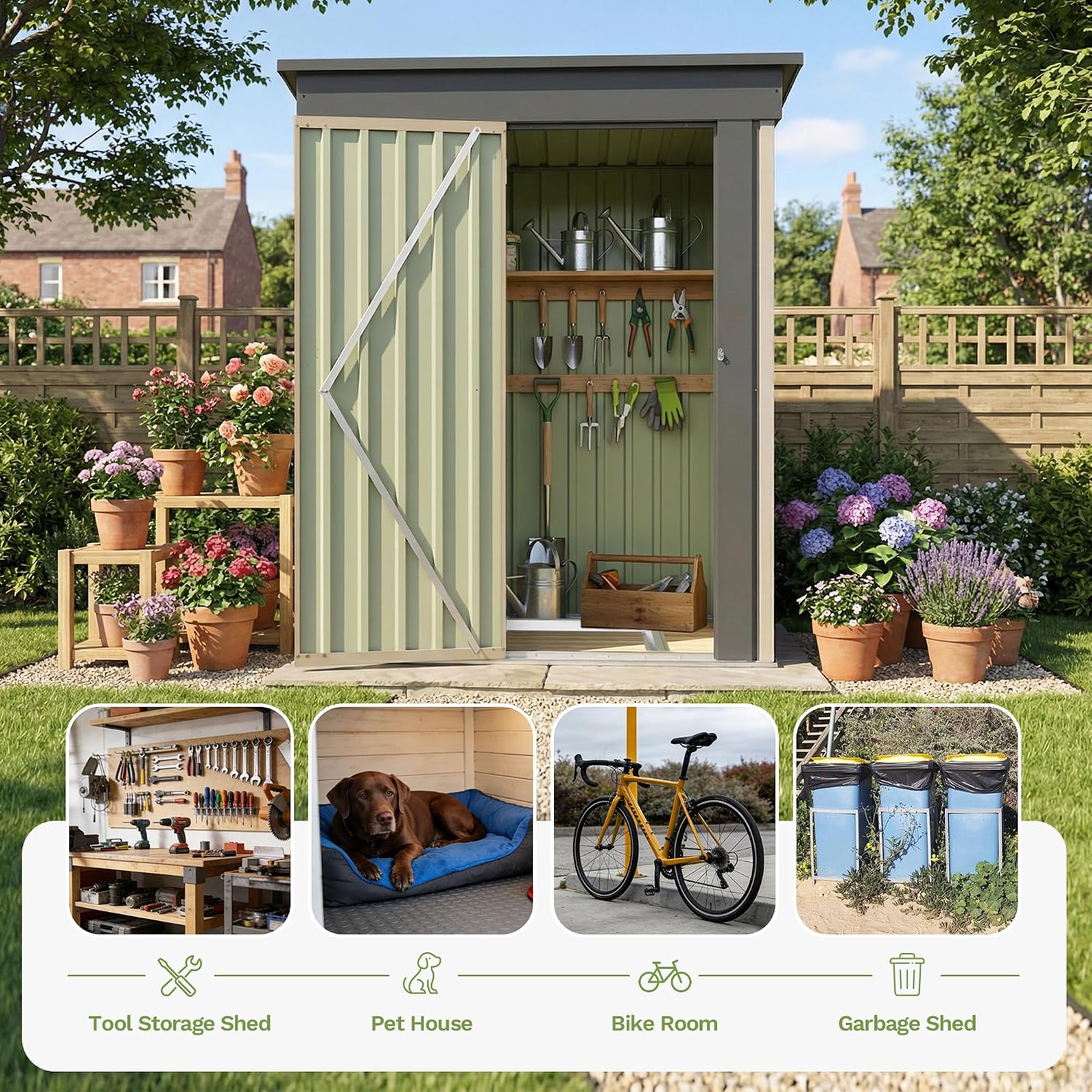Devoko 5 x 3 FT Storage Sheds with Floor Frame, Waterproof Garden Tool Shed with Lockable Door, Outdoor Metal Small Shed for Backyard Patio Lawn, Brown
