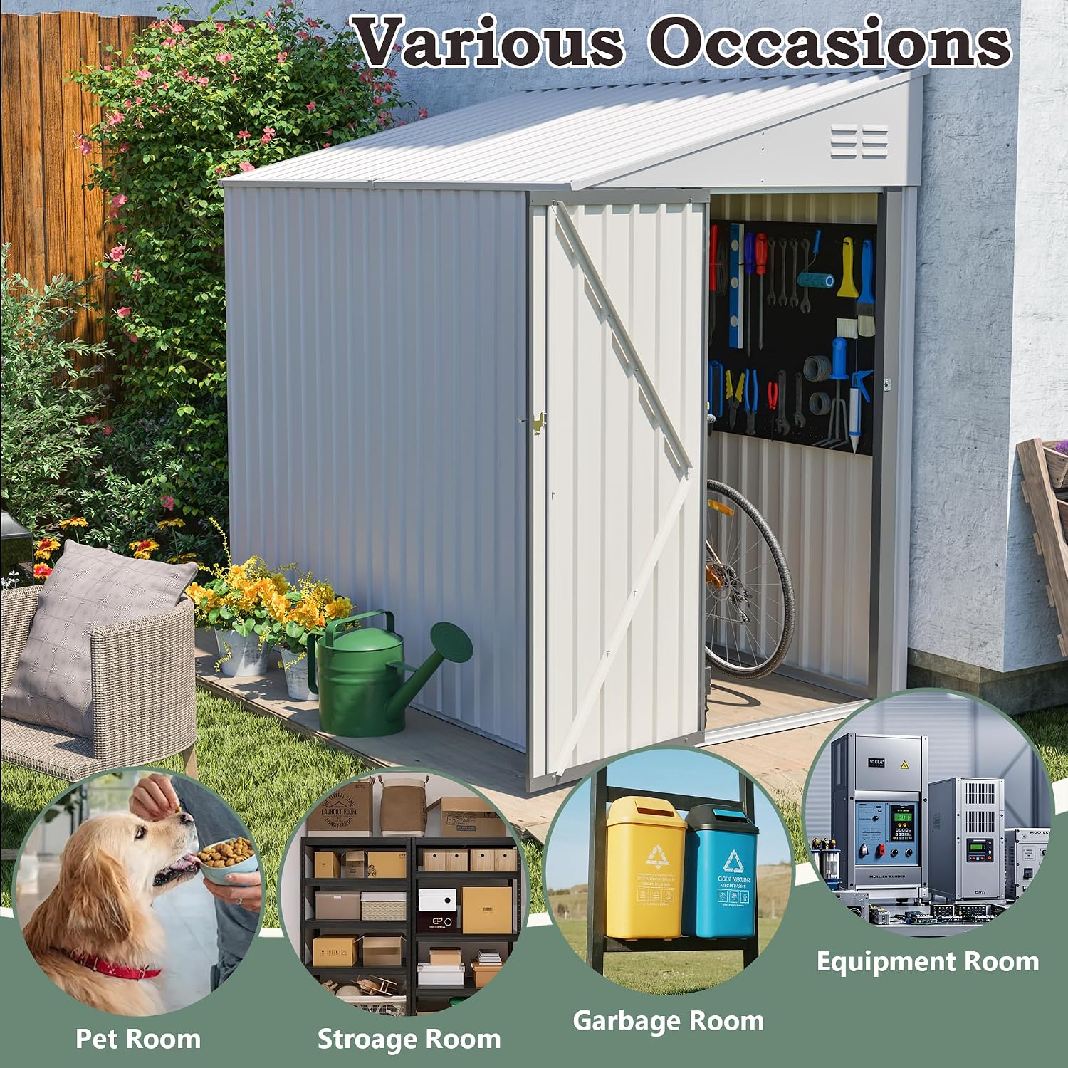 4 × 7 FT Lean to Storage Shed, Outdoor Metal Wall Side Bike Mower Sheds & Outdoor Storage Cabinet, Lockable Tool Organization Shed for Garden Patio
