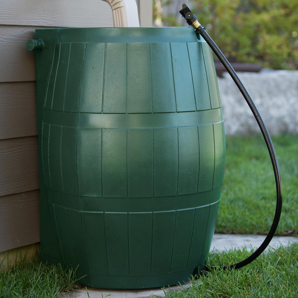 FCMP Outdoor Raincatcher 4000 Rain Barrel, Flat-Back Rainwater Catcher with Spigots, 50 Gallon, Green - Portable Water Storage Container Tank for Home, Garden, and Backyard