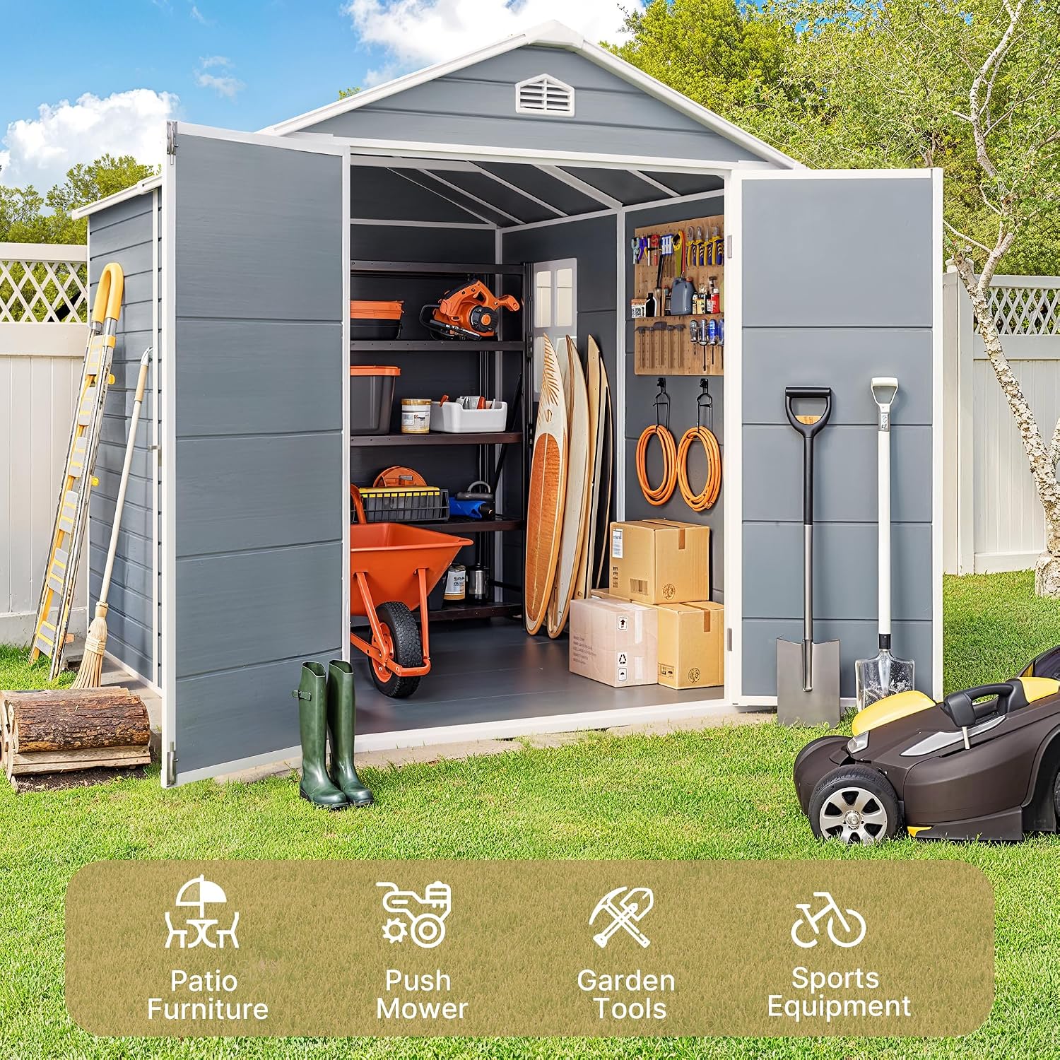 Gizoon 8x6 FT Outdoor Plastic Storage Shed with Reinforced Steel Frame, All-Weather Waterproof Resin Construction, Lockable Doors, Included Floor and Window for Backyard, Garden, Patio