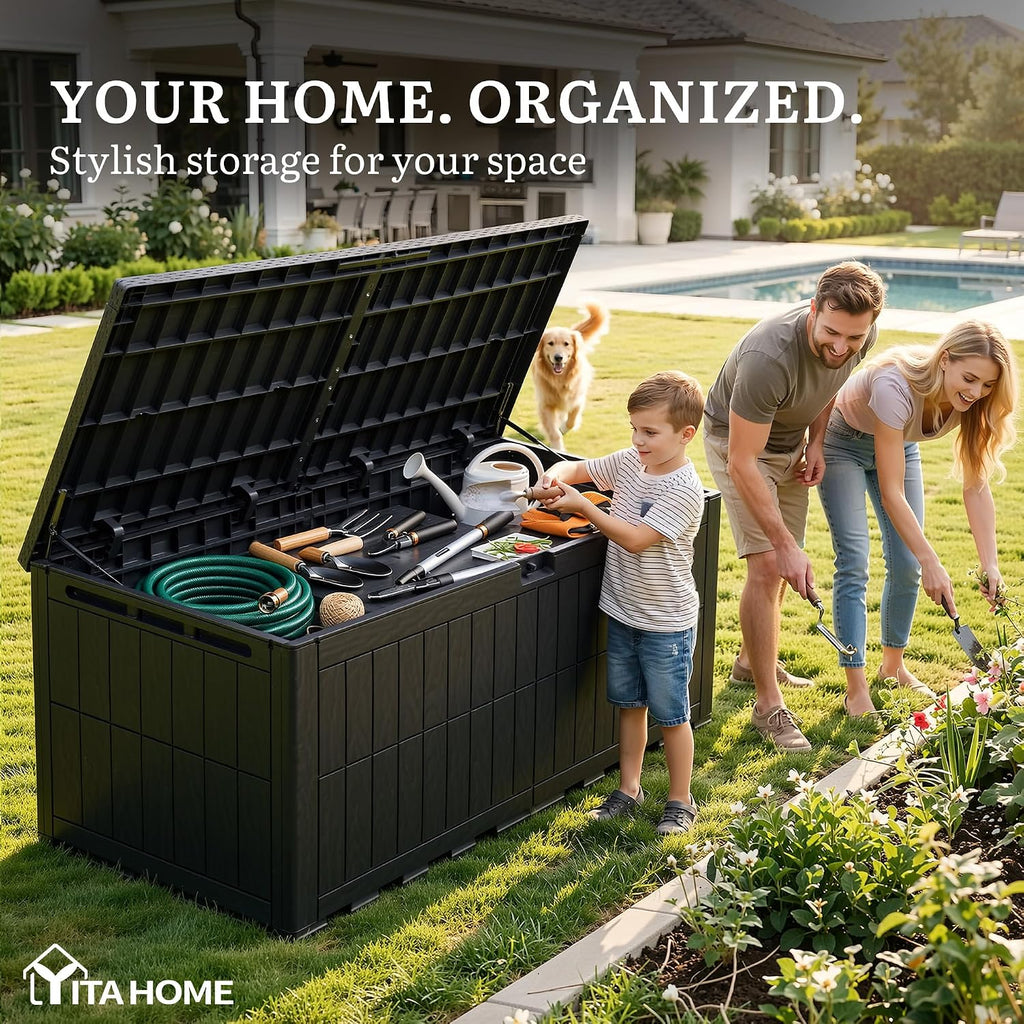 YITAHOME 240 Gallon Large Outdoor Storage Box XXL Resin Deck Box with Lock, Extra-Large Waterproof Patio Furniture Bin and 3-Person Bench Seating for Garden Tools & Pool Accessories, Black