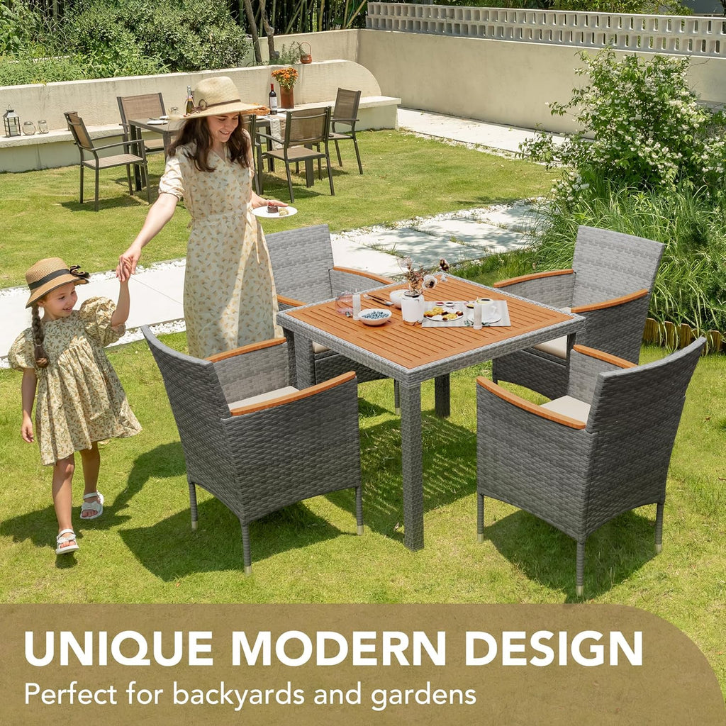 Devoko 5 PCS Furniture, Patio Conversation Set with Acacia Wood Top, Rattan Outdoor Dining Table and Chairs for Backyard, Garden, Deck, Grey