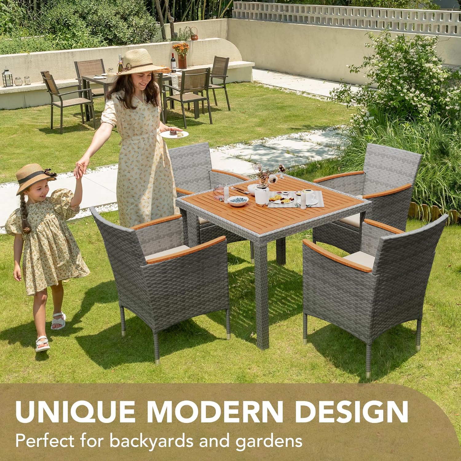 Devoko 5 PCS Furniture, Patio Conversation Set with Acacia Wood Top, Rattan Outdoor Dining Table and Chairs for Backyard, Garden, Deck, Grey