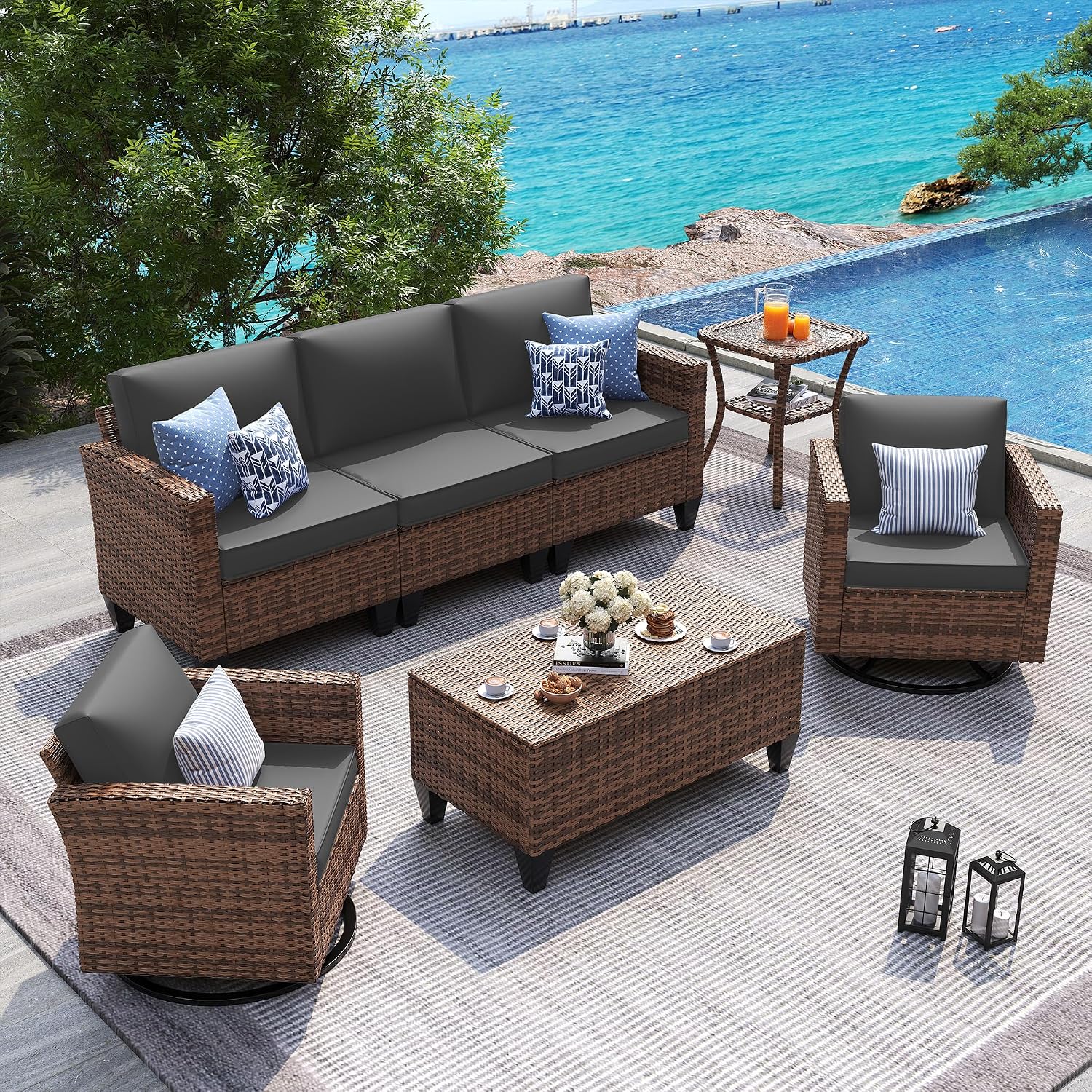 UDPATIO Patio Furniture Set, 5 Pieces Outdoor Conversation Sets with Rocking Swivel Chairs, Wicker Rattan Outdoor Sofa Set with Storage Table and Waterproof Covers for Backyard, Deck, Porch, Grey