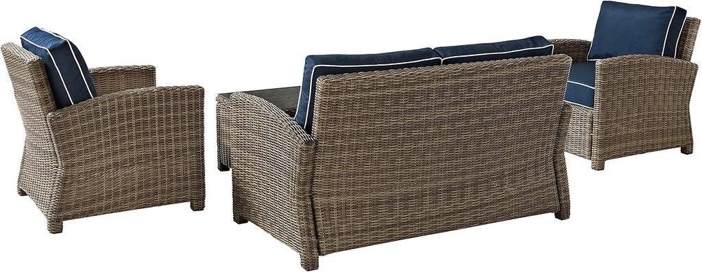 Crosley Furniture Bradenton 4-Piece Outdoor Loveseat Patio Furniture Set, Wicker Conversation Sets for Porch, Brown with Navy Cushions