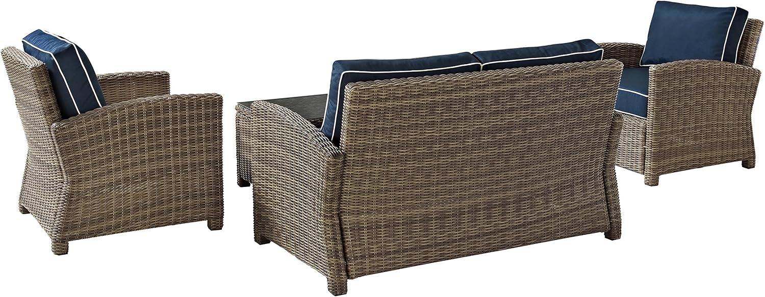 Crosley Furniture Bradenton 4-Piece Outdoor Loveseat Patio Furniture Set, Wicker Conversation Sets for Porch, Brown with Navy Cushions