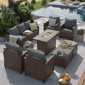 UDPATIO Patio Furniture Set with 44' Fire Pit Table, 8 Pieces Outdoor Sectional Conversation Sets, All-Weather Wicker Rattan Sofa Ottoman with 4' Thick Cushion for Garden Backyard Deck, Dark Grey