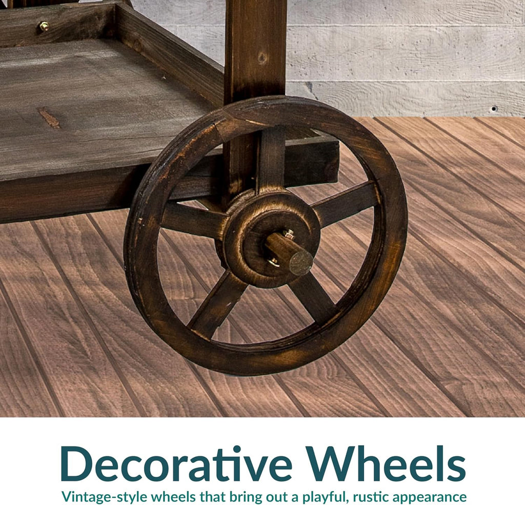 Sunnydaze Country Market Flower Cart Display Stand with Wheels - 2 Shelves - Fir Wood - 30 lb Weight Capacity - Charred Fir