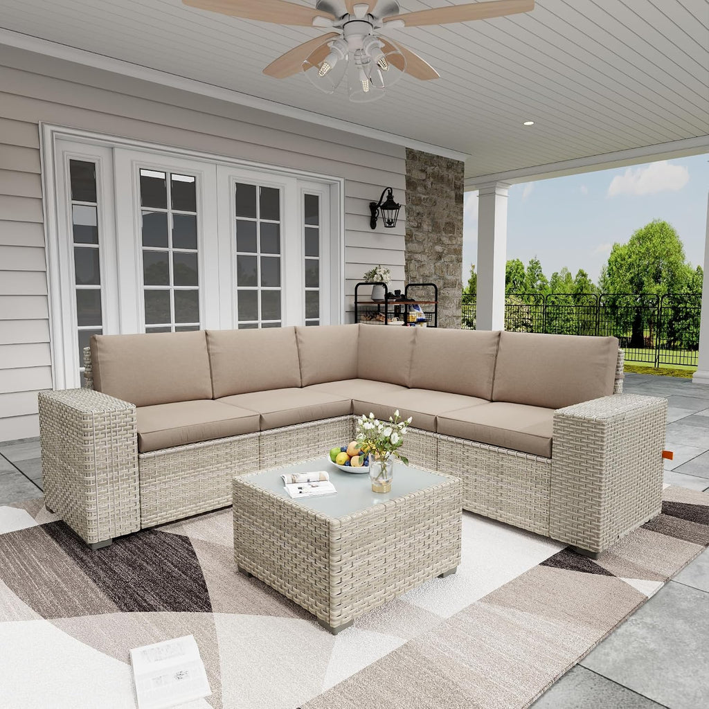 6 Piece Patio Furniture Set, 9.8' Wide Arm Sectional Sofa with Storage Armrests, All-Weather Rattan Outdoor Conversation Set for Garden, Porch, Lawn, Backyard, Balcony, Khaki