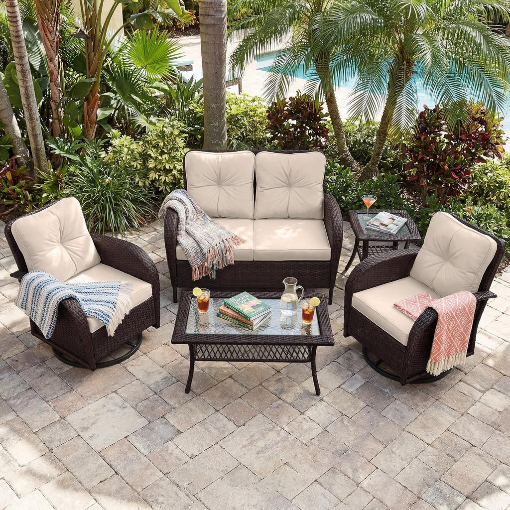 UPHA 5 Pieces Patio Furniture Sets, Wicker Outdoor Loveseat Sofa Set with Swivel Chairs, Patio Conversation Set for Deck Backyard Garden, Brown Rattan, Beige Cushion