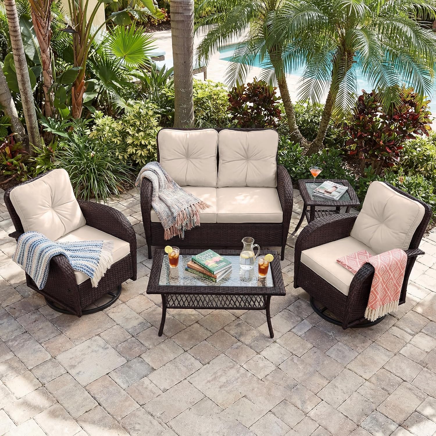 UPHA 5 Pieces Patio Furniture Sets, Wicker Outdoor Loveseat Sofa Set with Swivel Chairs, Patio Conversation Set for Deck Backyard Garden, Brown Rattan, Beige Cushion