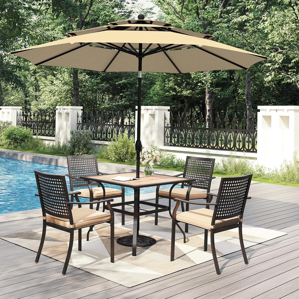 PHI VILLA 5 Pieces Outdoor Dining Set for 4 with Umbrella, 37' Square Wood-Like Steel Table & Stackable Iron Chairs with Cushions & 10ft Beige Umbrella, Modern Furniture for Patio, Deck, Yard, Porch