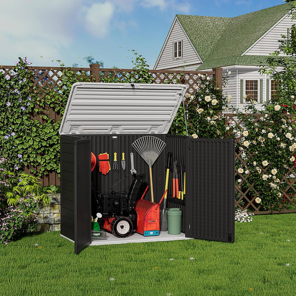HOMSPARK Storage Shed Weather Resistance, Multi-Purpose Outdoor Storage Cabinet for Backyards and Patios, Horizontal Storage Shed for Lawnmower, Patio Accessories (Black & White, Large - 48 cu.ft)