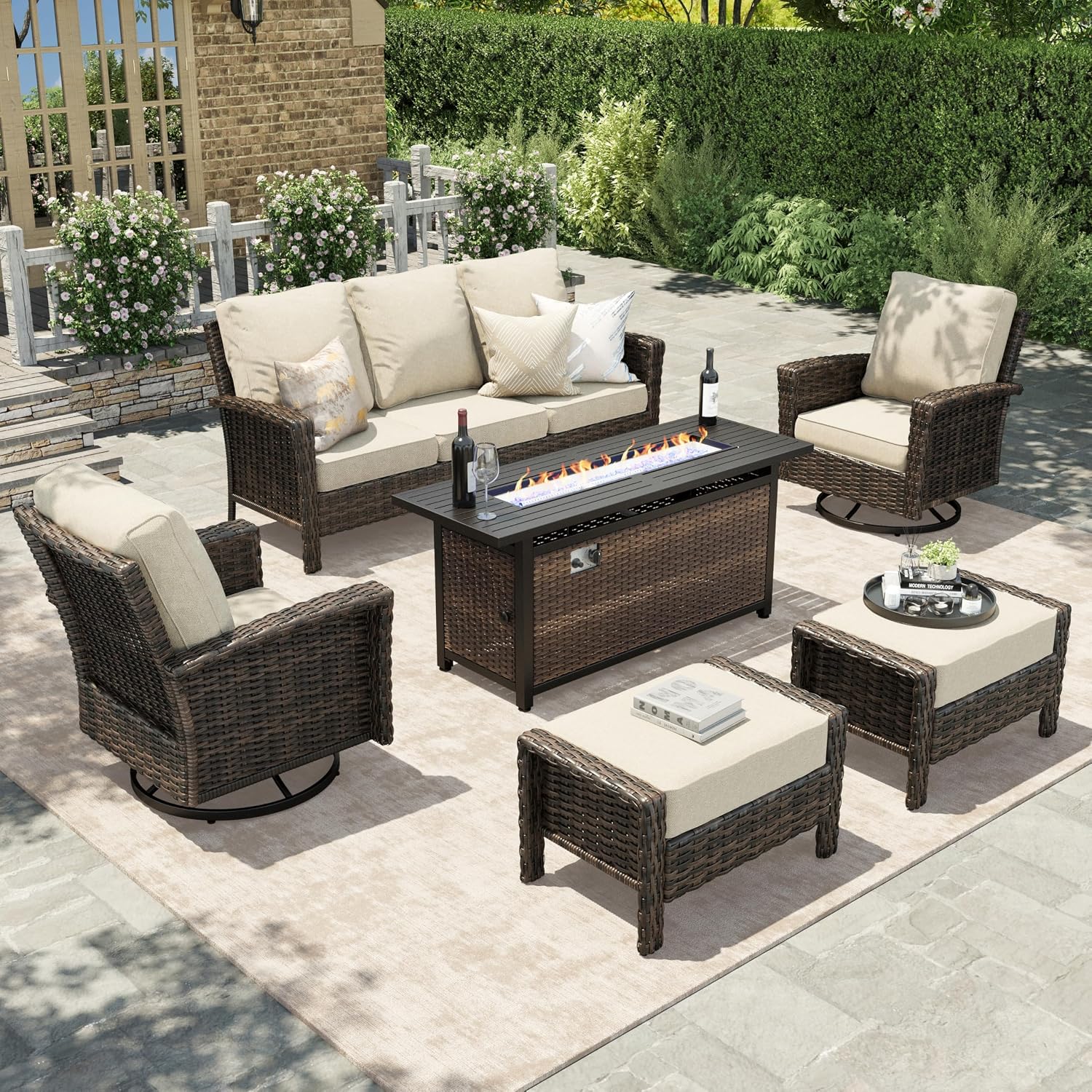 HERA'S HOUSE Wicker Patio Furniture Set, High Back Swivel Chairs with 5.5-Inch Thick Cushions, 6-Piece Outdoor Deep Seating Conversation Sets with Fire Pit Table & Ottomans for Deck Yard Garden, Beige