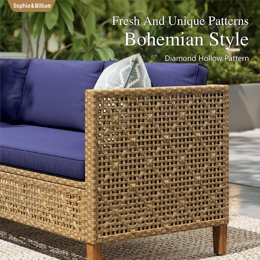 Sophia and William Boho Wicker Patio Furniture Set, Outdoor Rattan Sectional Sets Conversation Set - Weather-Resistant, with Dual Storage Coffee Table Acacia Wood Legs for Garden, Patio & Deck(Blue)