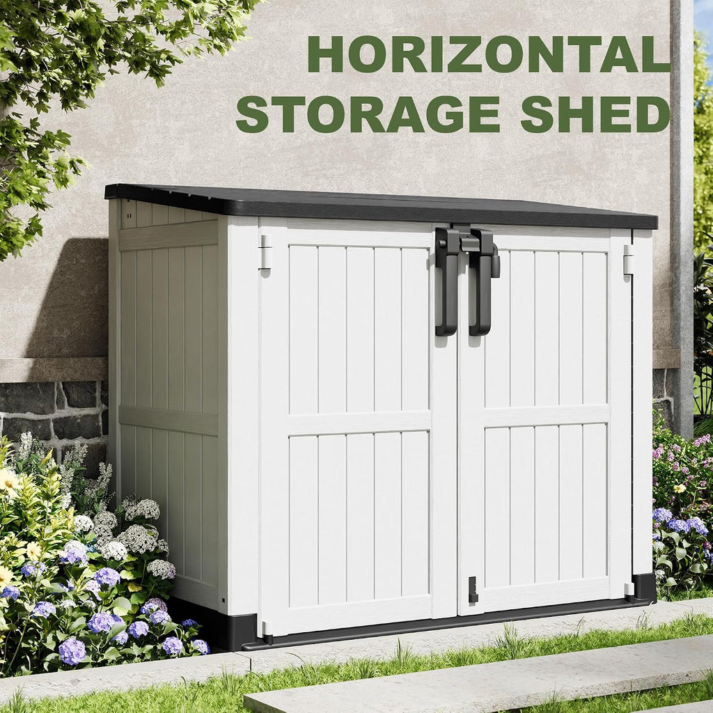36 Cu Ft Resin Outdoor Storage Shed, Weatherproof Horizontal Outdoor Storage Cabinet with Dual Lock Door for Backyard, Patio, Garage, Garden(White)