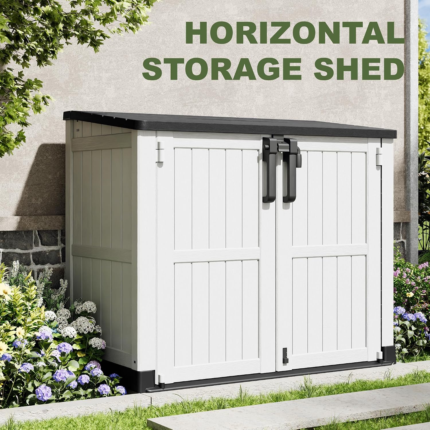 36 Cu Ft Resin Outdoor Storage Shed, Weatherproof Horizontal Outdoor Storage Cabinet with Dual Lock Door for Backyard, Patio, Garage, Garden(White)