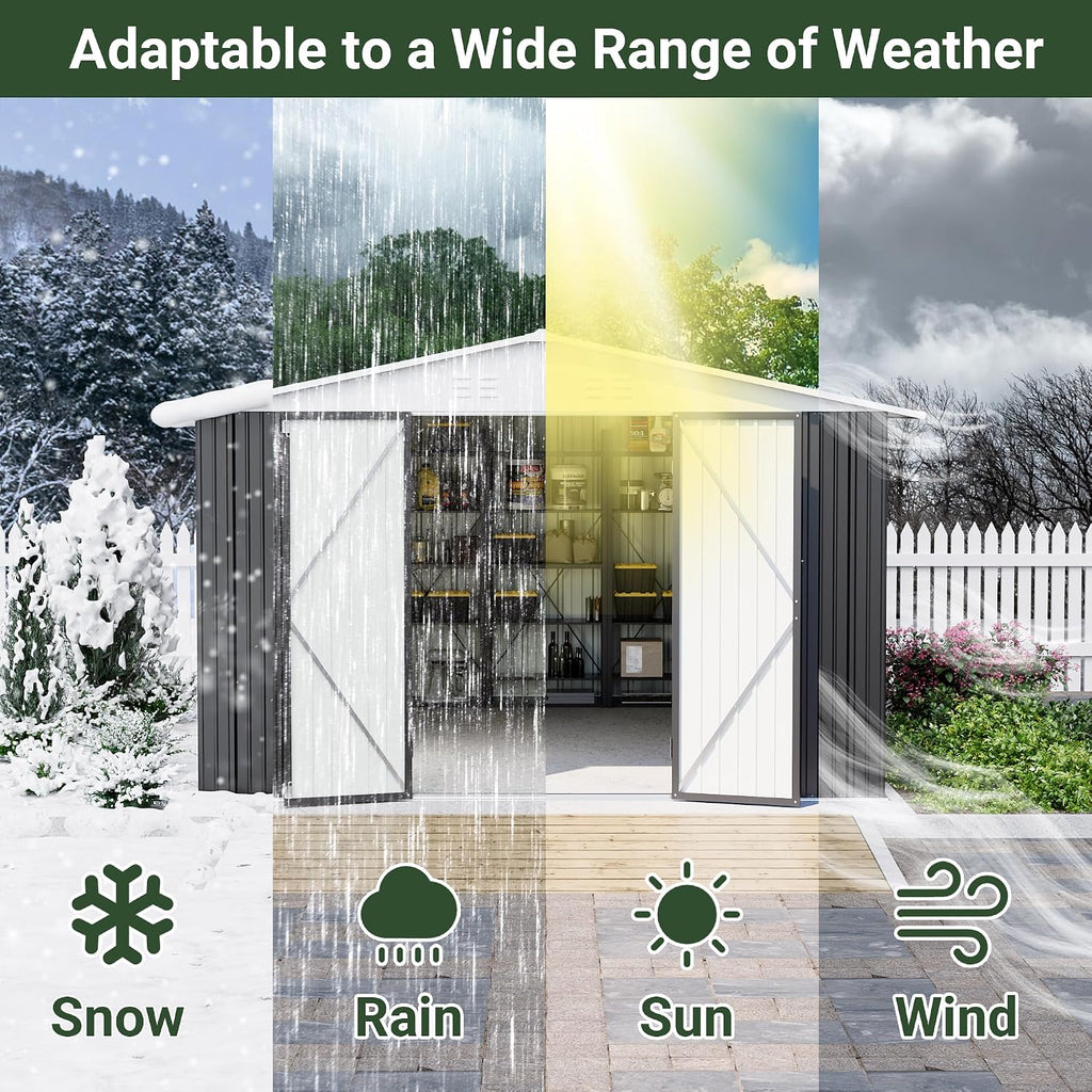 AirWire 10x12 FT Outdoor Storage Shed, Metal Garden Shed with Updated Frame Structure and Lockable Doors, Heavy Duty Weatherproof Tool Sheds for Backyard Garden Patio Lawn, White