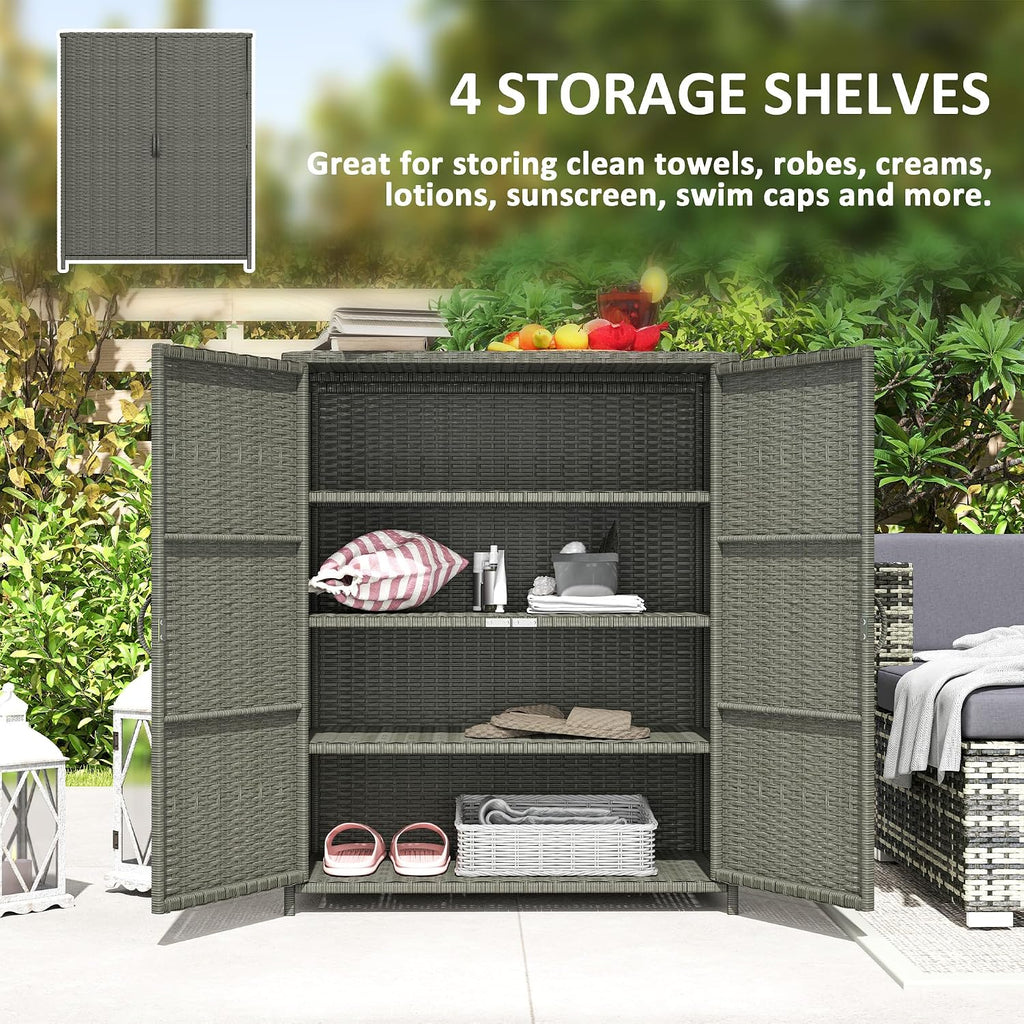 Outsunny Wicker Outdoor Storage Cabinet with Shelves, 4-Shelf Outdoor Pool Towel Cabinet with Two Doors, Rattan Patio Storage Shelves for Garden, Backyard, Porch, Dark Gray