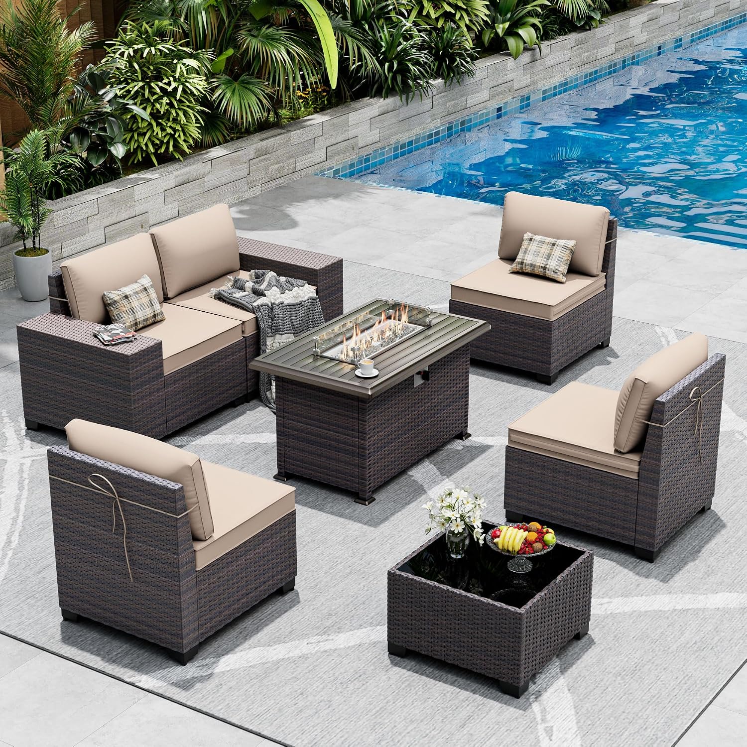 Outdoor Patio Furniture Set with Gas Fire Pit Table, 7 Pieces Patio Furniture Set Outdoor Sectional Sofa w/43in Propane Fire Pit, PE Wicker Rattan Patio Conversation Sets - Sand.