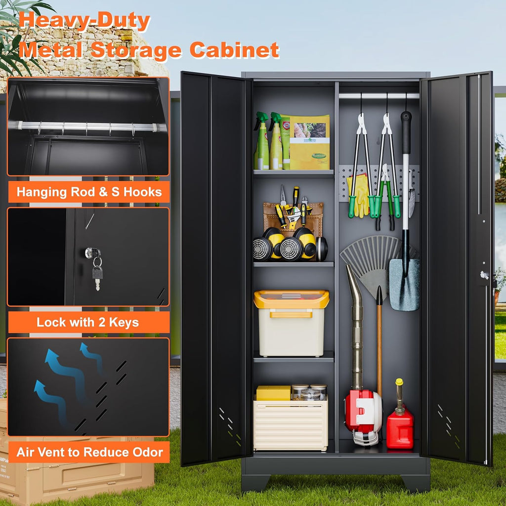 Storage Cabinet 61' H, Metal Tools Storage Cabinet with Lockable Doors and Shelves, Outdoor Storage Sheds with Removable Pegboard for Garage, Utility Room, Office