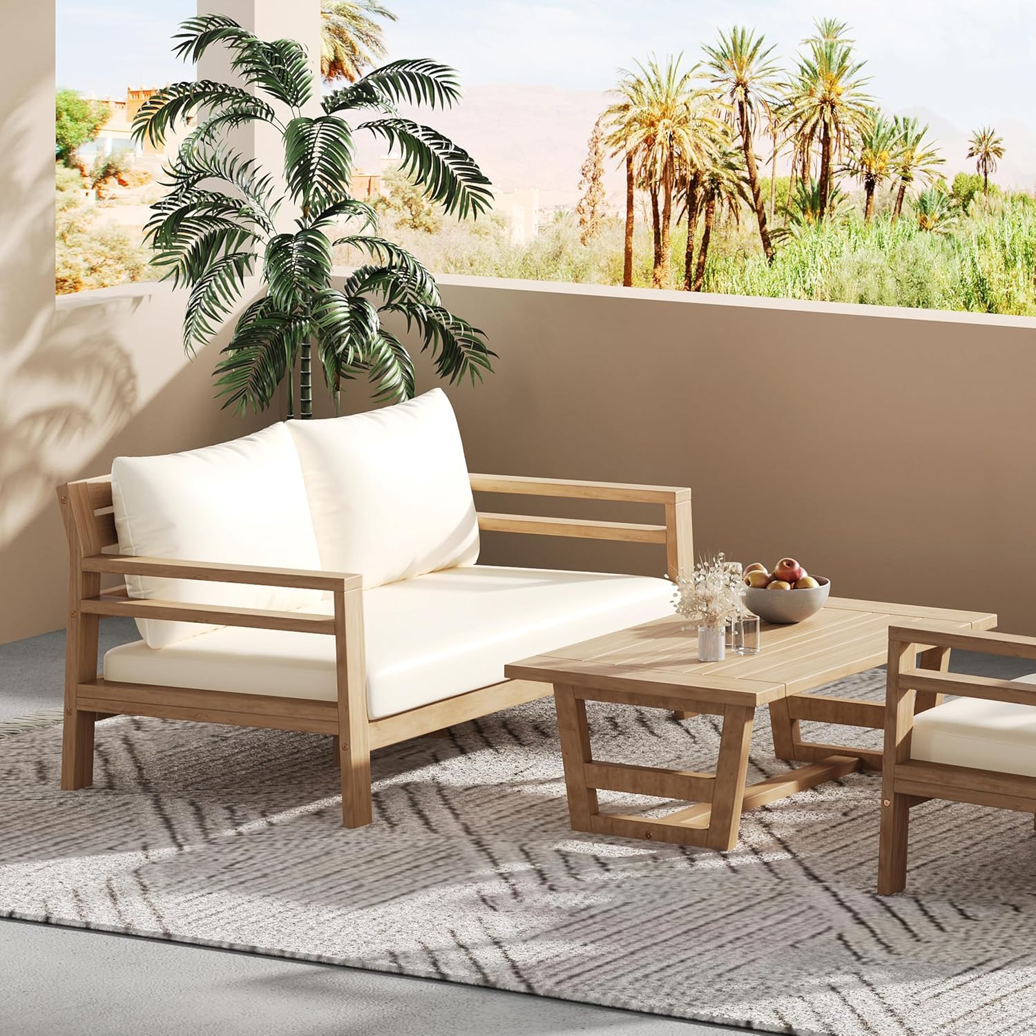 Christopher Knight Home Jamaia 2 Pieces Acacia Furniture Set, Patio Conversation Chat 2-Seat Sofa Set with Coffee Table, Outdoor Acacia Loveseat Set for Garden Porch Backyard Balcony, Light Teak+Beige