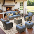 ovios 7 Pieces Patio Furniture Set with Swivel Rocking Chairs, Outdoor Wicker Sofa Couch Glass Coffee Table, All Weather High Back Modern Conversation Set, Grey Rattan, Denim Blue