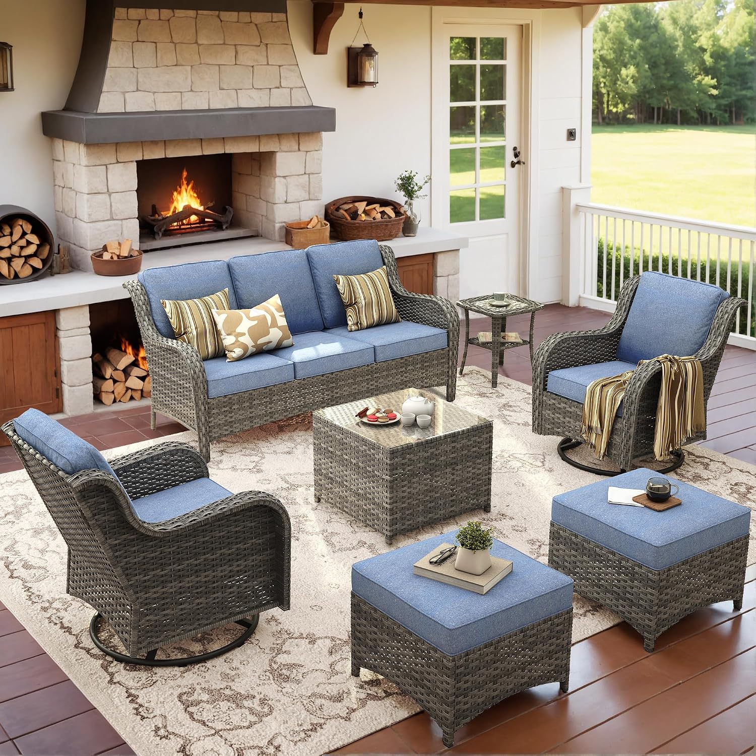 ovios 7 Pieces Patio Furniture Set with Swivel Rocking Chairs, Outdoor Wicker Sofa Couch Glass Coffee Table, All Weather High Back Modern Conversation Set, Grey Rattan, Denim Blue