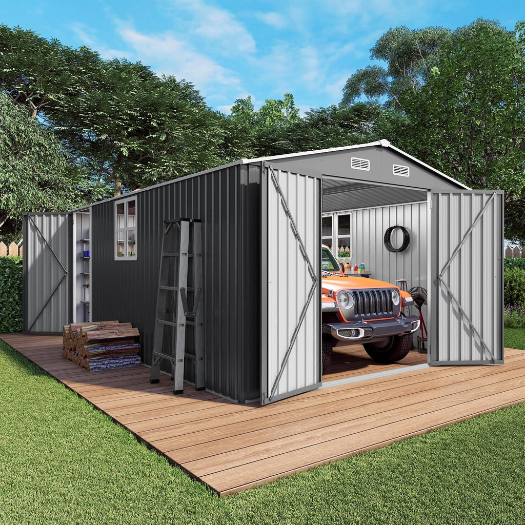 10x14x6.7FT Outdoor Storage Shed, Galvanized Steel Garden Shed with Lockable Door & Window, Waterproof Metal Tool Storage for Garden, Backyard, Patio, Lawn(Grey)